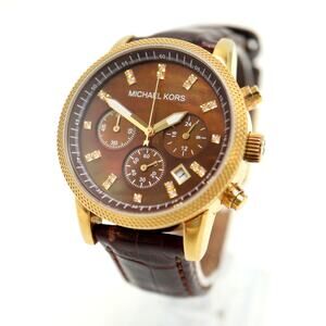 Michael Kors Brown MOP Chronograph 37mm Watch Brown Leather MK5048 w New Battery